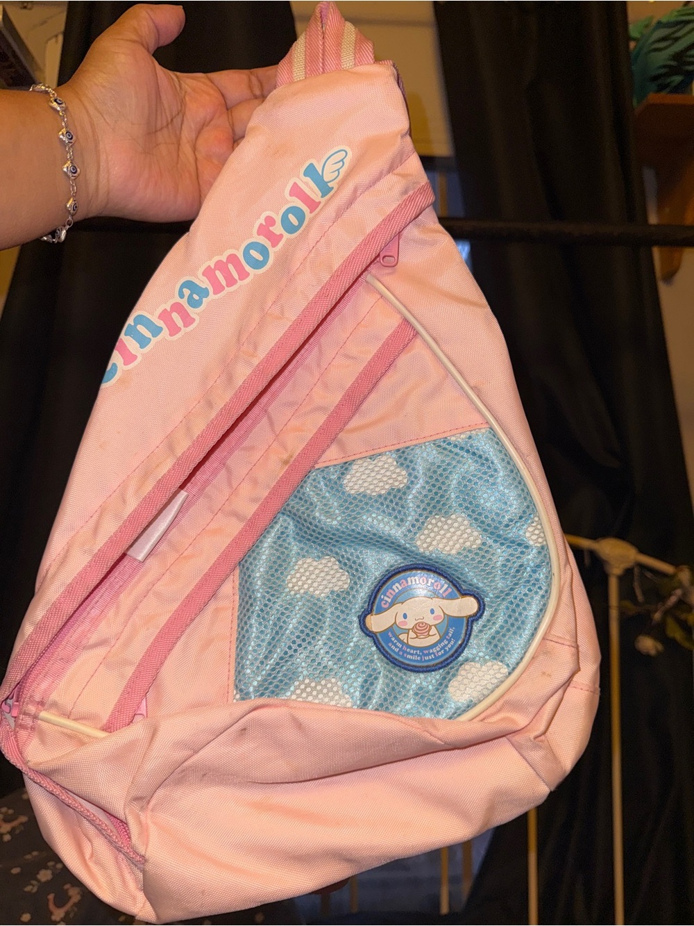 Cinnamoroll Pink Sling Backpack with Cloud Mesh Pocket